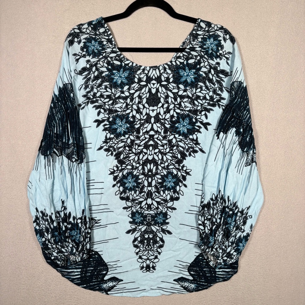 Free People Birds of A Feather Floral Oversized Top Women’s Small Blue Boho - Picture 10 of 11